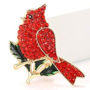 Red Bird Brooch Rhinestone Cardinal Enamel Pin Gold Branch Heaven Pretty Sparkle